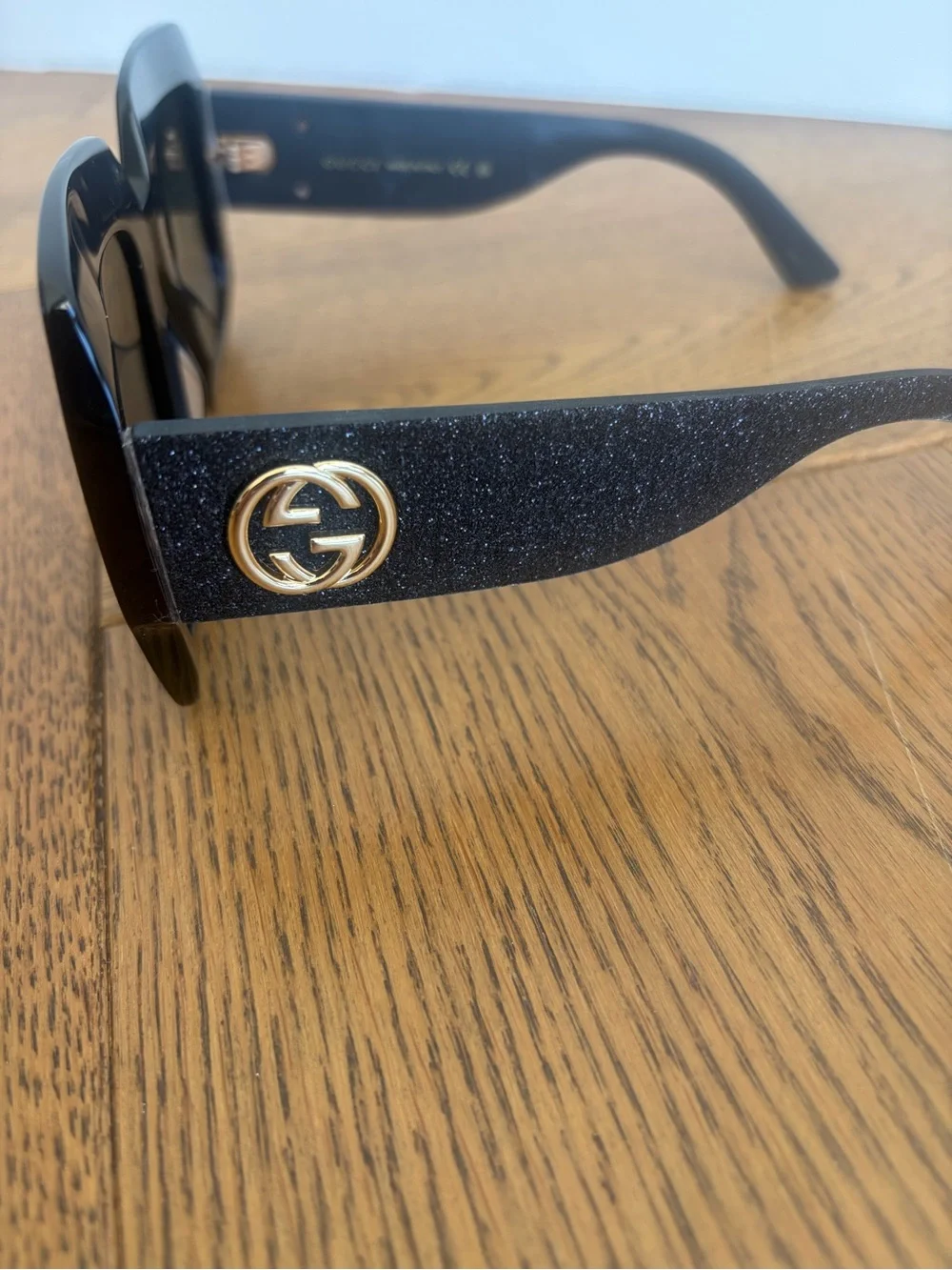 Gucci Black Glitter Oversized Square Sunglasses with Gold GG Temples